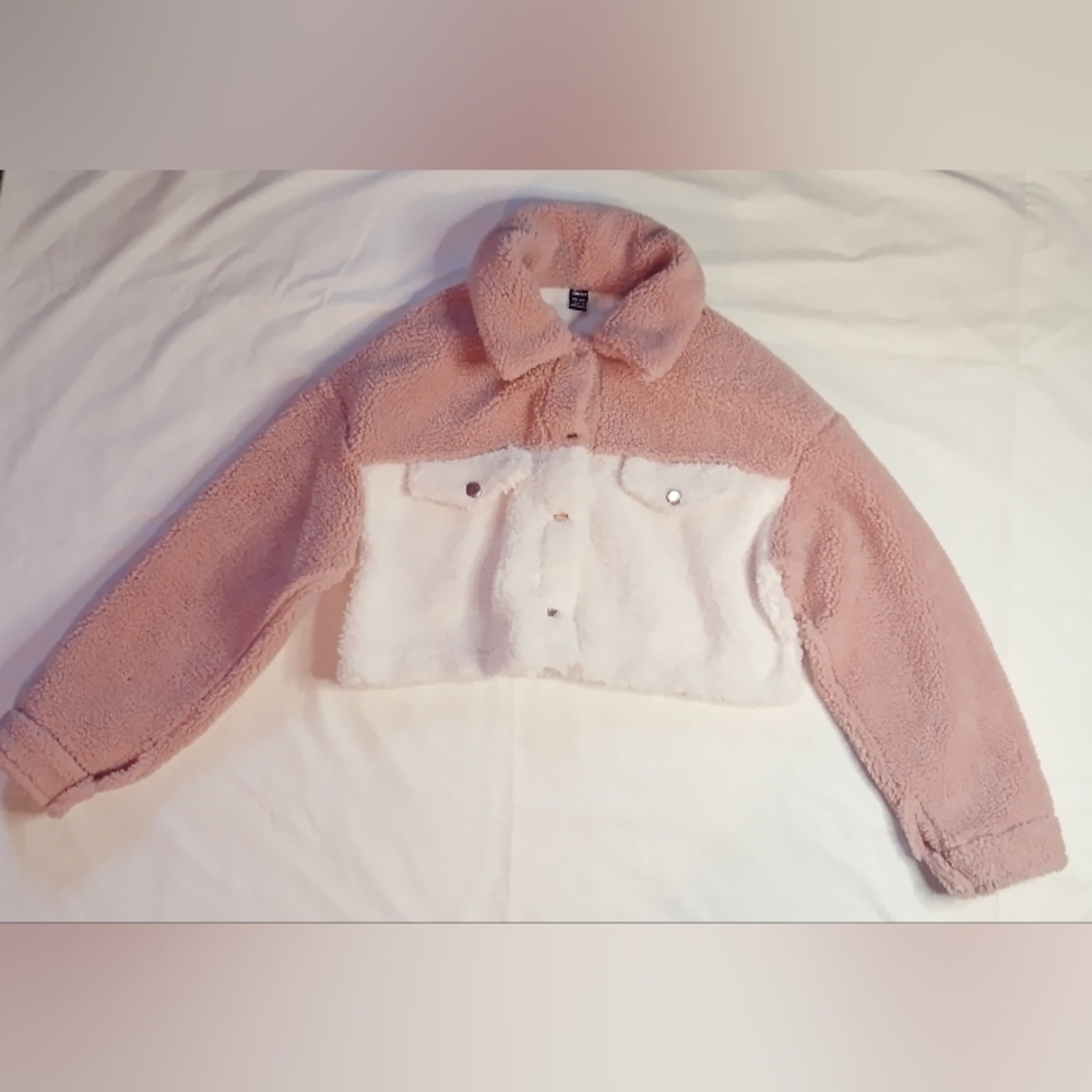 Shein Women Pink/White Drop Shoulder Soft Plush Crop Jacket Size Large